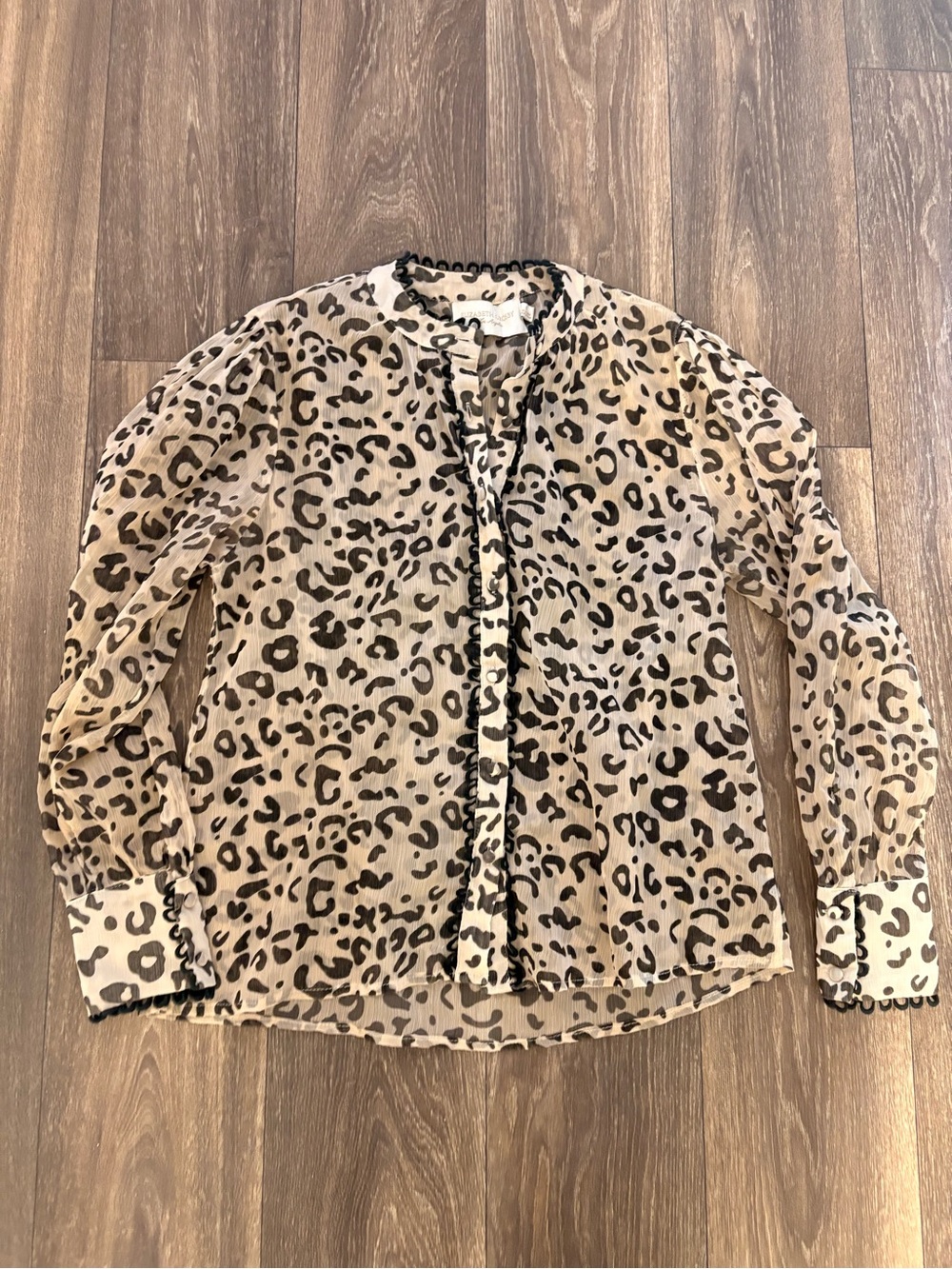 Sheer Leopard-Print Button Blouse in Beige and Black Elizabeth Crosby